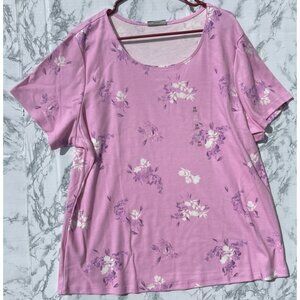 Style & Co Womens Floral Print Short Sleeve Tee 3X Millie Pink Made In Indonesia